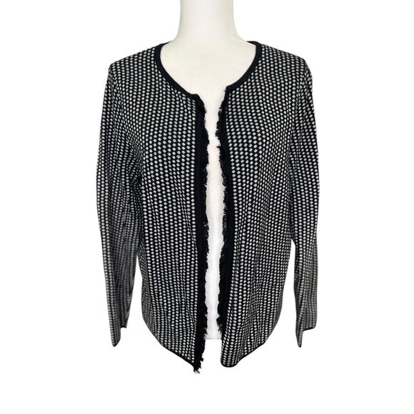 Talbots Sweaters - Talbots Black White Polka Dot Open Front Cardigan Fringe Detail Size Large